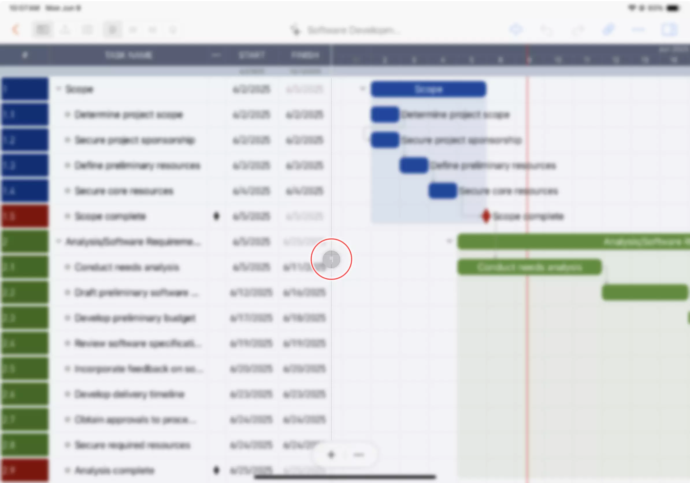 Projektfenster Tabellenansicht auf dem iPad