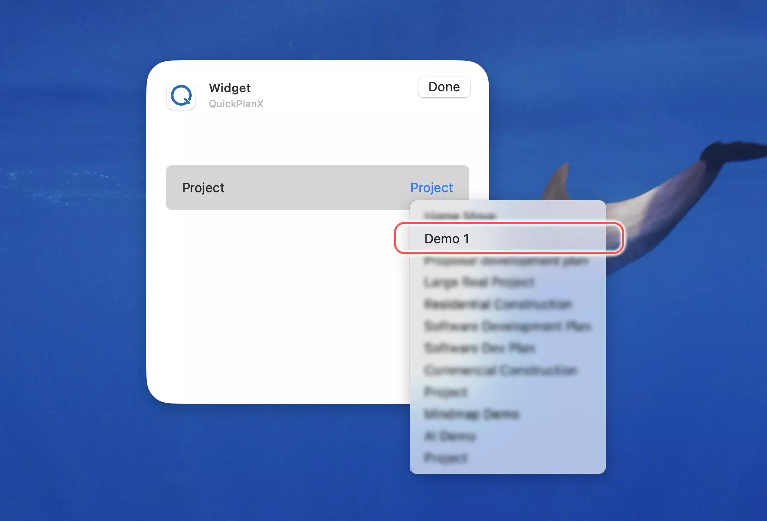 Projekt für Widget auswählen