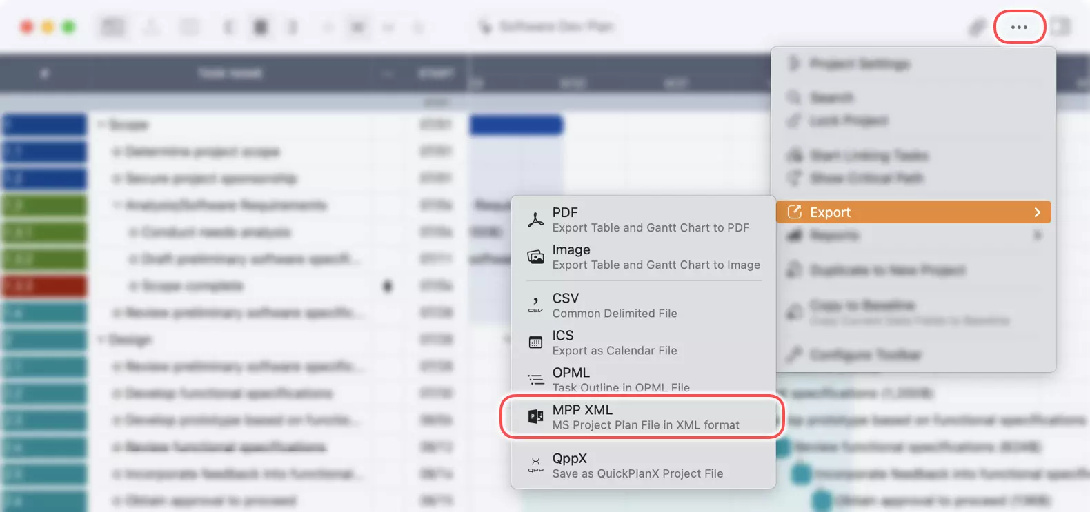 Volledig project exporteren naar MPP XML-bestand op Mac