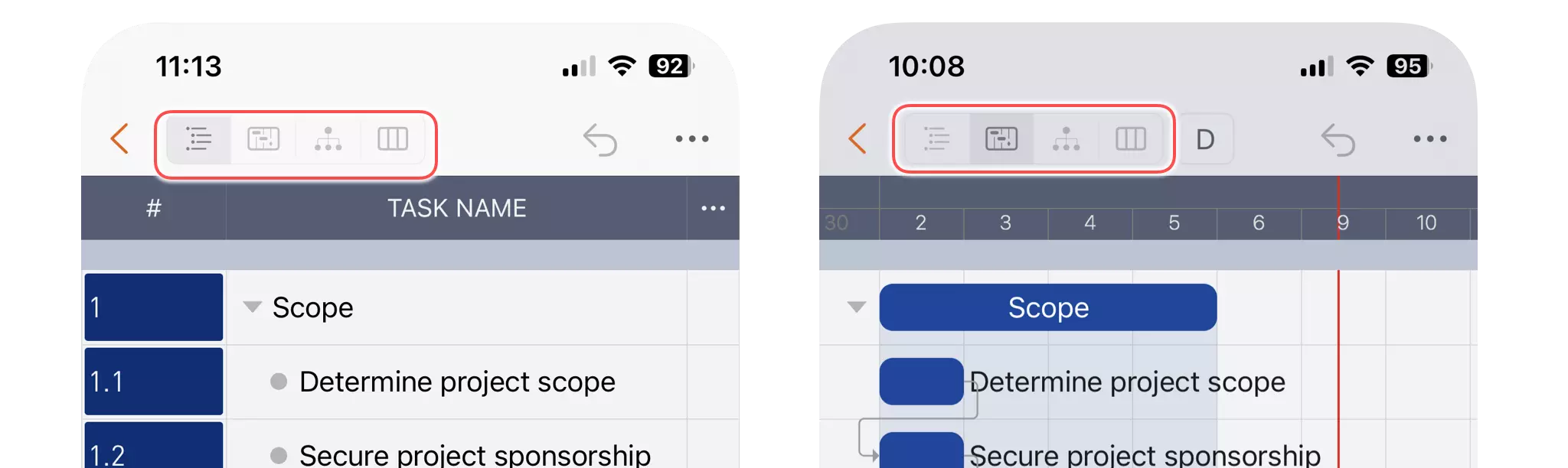 Projectvenster Tabelweergave op iPhone